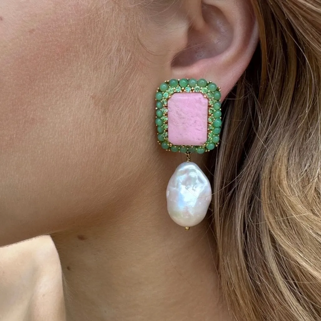 18k Gold Vermeil Petalite, Chrysoprase and Baroque Pearl Earrings: The Victoria