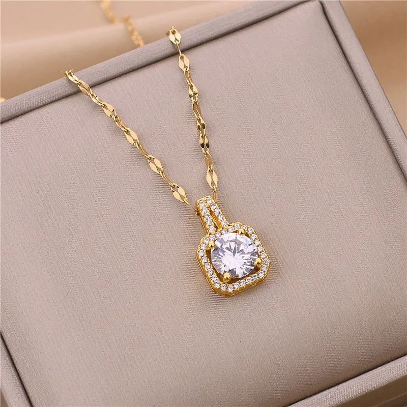 316L Stainless Steel Square 3 Color Crystal Zircon Clavicle Chain High Quality Beauty Pendant