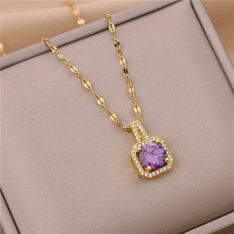 316L Stainless Steel Square 3 Color Crystal Zircon Clavicle Chain High Quality Beauty Pendant