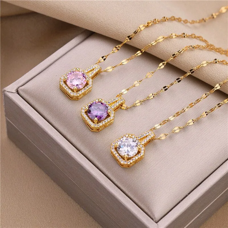 316L Stainless Steel Square 3 Color Crystal Zircon Clavicle Chain High Quality Beauty Pendant