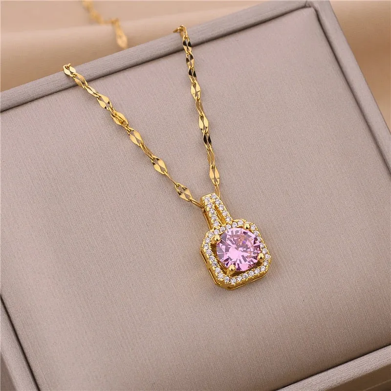 316L Stainless Steel Square 3 Color Crystal Zircon Clavicle Chain High Quality Beauty Pendant