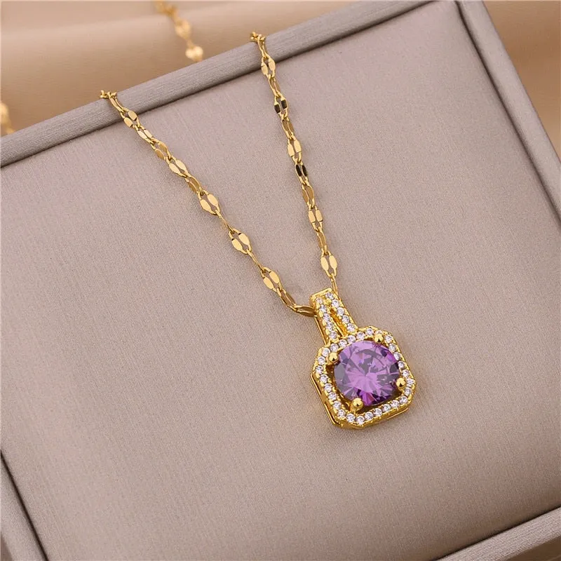 316L Stainless Steel Square 3 Color Crystal Zircon Clavicle Chain High Quality Beauty Pendant