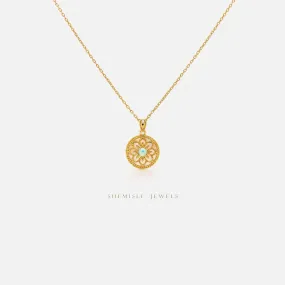 Aqua Blue Gem Filigree Disc Necklace, Silver or Gold Plated SHEMISLI - SN038