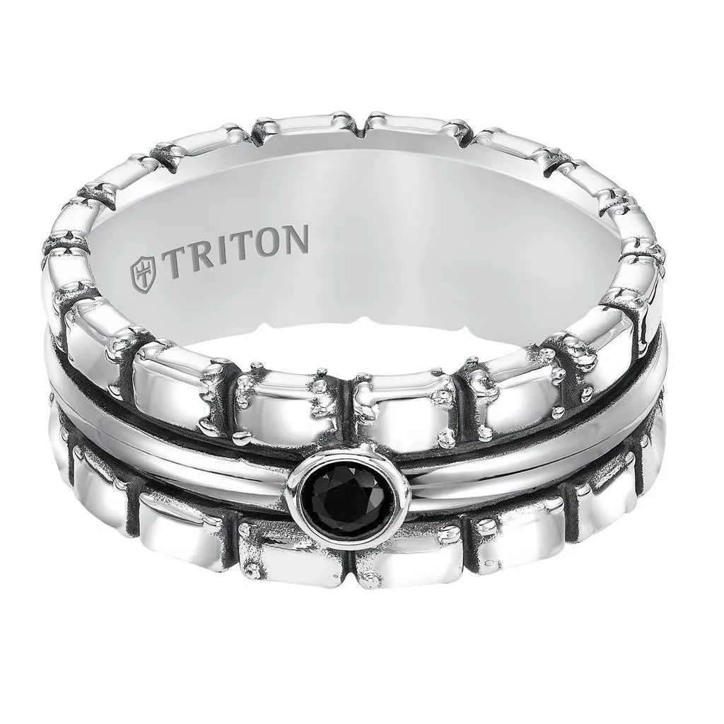 BARNABY Sterling Silver Cast Wedding Band with Black Sapphires and Black Oxidation - 9mm