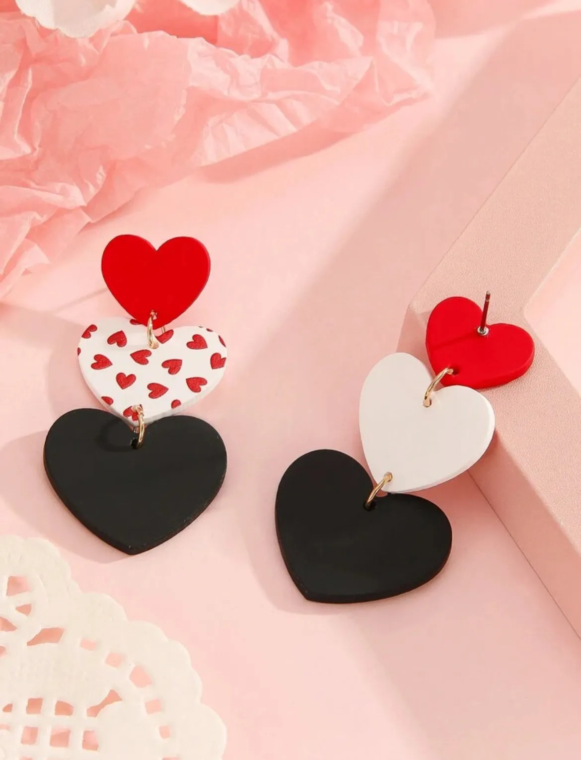 Beautiful Tri-Color Acrylic Heart Stud Drop Earrings