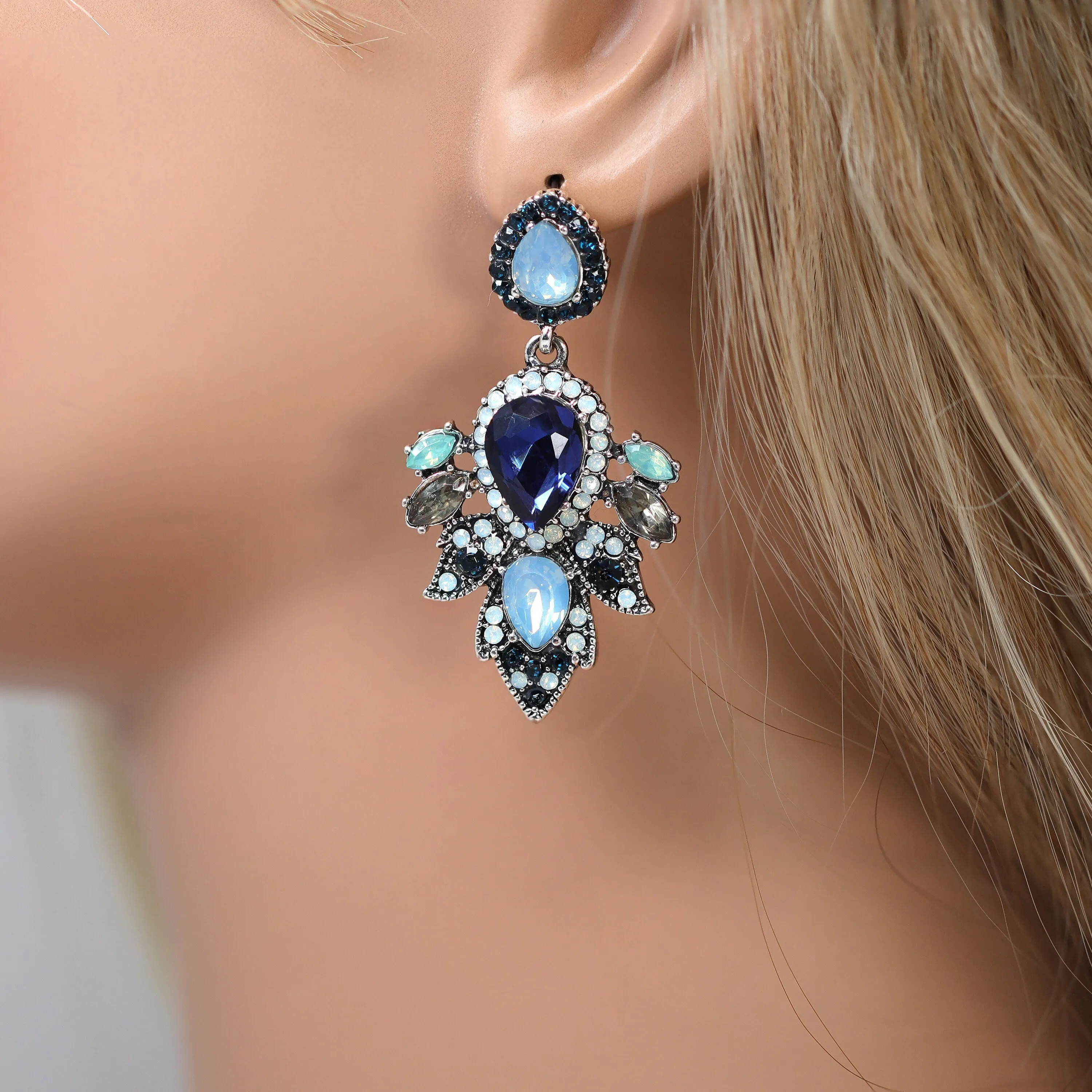 Blue Skies In Royal Chandelier : Rhinestone Statement Earrings , Something Blue Earrings, Long Bridal Jewelry, Crystal Bridal Earrings