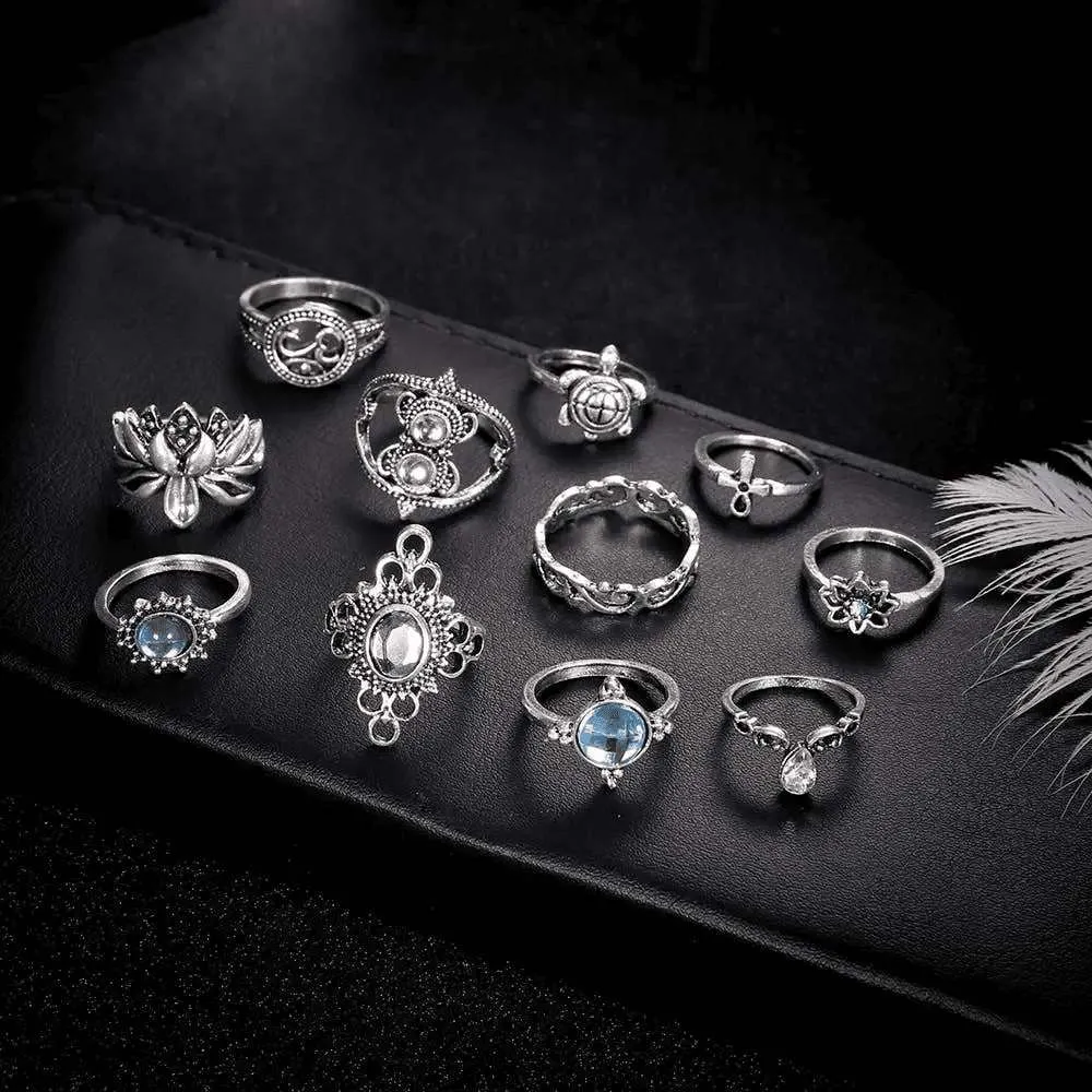Bohemian Elegance Silver Crystal Midi Ring Set - 11 Piece Vintage Collection, Non-Adjustable Rings, Mix-and-Match Bohemian