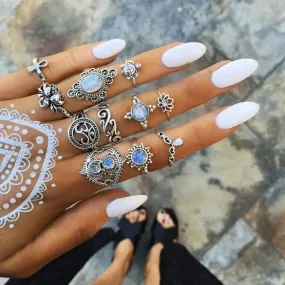 Bohemian Elegance Silver Crystal Midi Ring Set - 11 Piece Vintage Collection, Non-Adjustable Rings, Mix-and-Match Bohemian