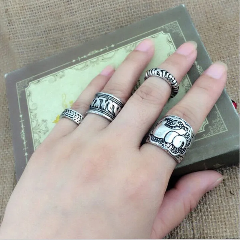 Bohemian Vintage Elephant Totem Leaf Lucky Ring Set - for Women