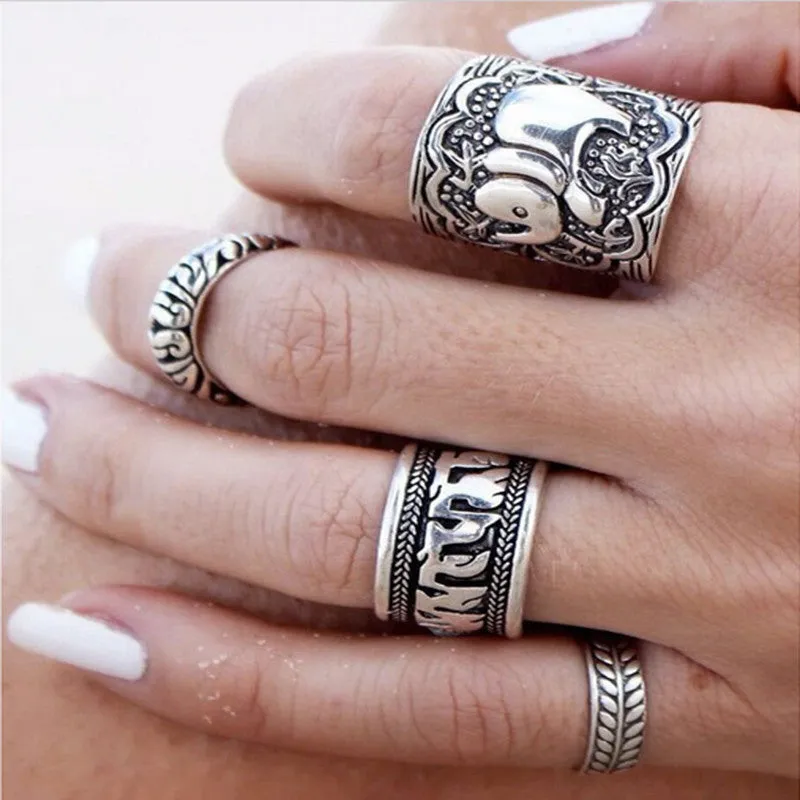 Bohemian Vintage Elephant Totem Leaf Lucky Ring Set - for Women
