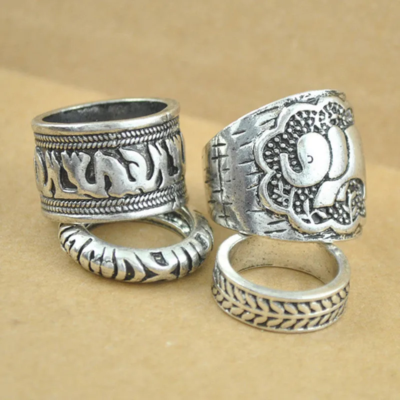 Bohemian Vintage Elephant Totem Leaf Lucky Ring Set - for Women