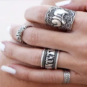 Bohemian Vintage Elephant Totem Leaf Lucky Ring Set - for Women