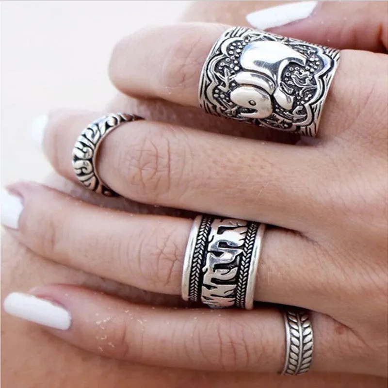 Bohemian Vintage Elephant Totem Leaf Lucky Ring Set - for Women