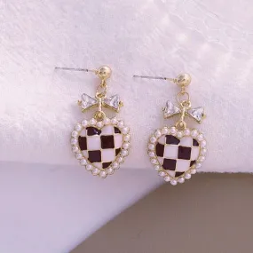 Bow Checkered Heart Coquette Earrings