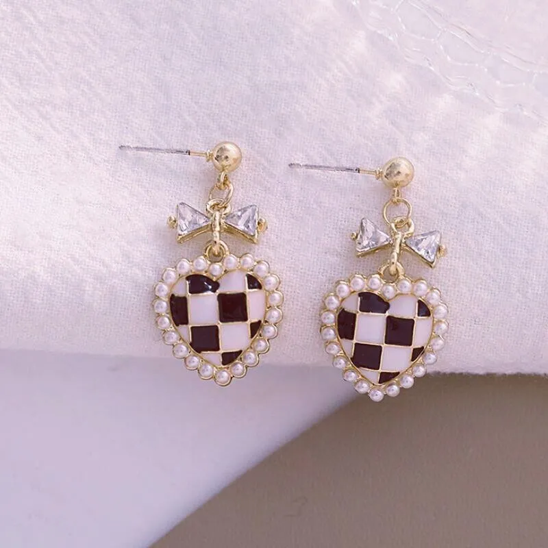 Bow Checkered Heart Coquette Earrings