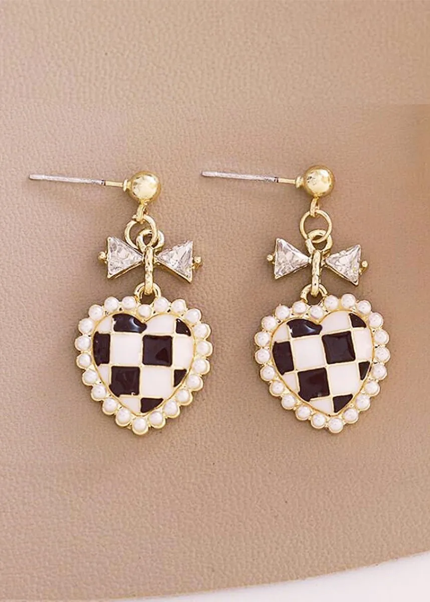 Bow Checkered Heart Coquette Earrings
