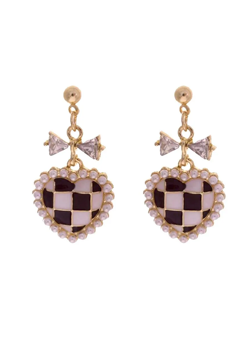 Bow Checkered Heart Coquette Earrings