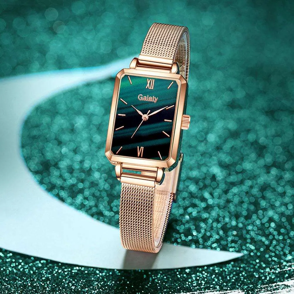 Brand Women Watches Fashion Square Dial Ladies Quartz Watches Bracelet Set Green Dial Simple Rose Gold Mesh Luxury Women Watches