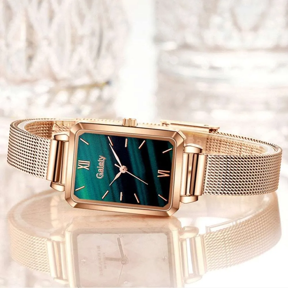 Brand Women Watches Fashion Square Dial Ladies Quartz Watches Bracelet Set Green Dial Simple Rose Gold Mesh Luxury Women Watches