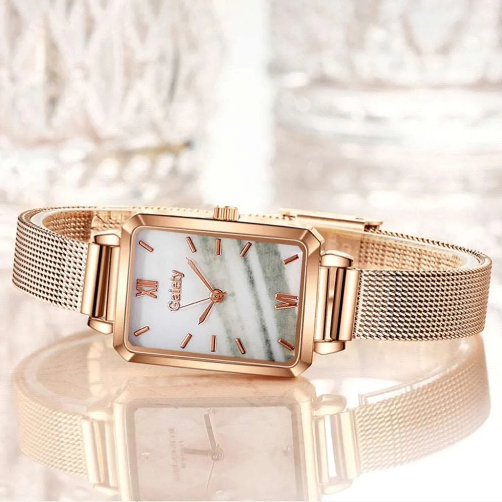 Brand Women Watches Fashion Square Dial Ladies Quartz Watches Bracelet Set Green Dial Simple Rose Gold Mesh Luxury Women Watches