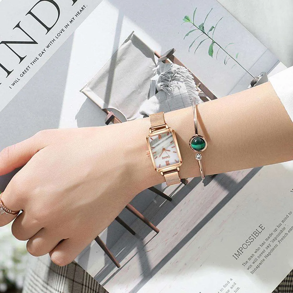 Brand Women Watches Fashion Square Dial Ladies Quartz Watches Bracelet Set Green Dial Simple Rose Gold Mesh Luxury Women Watches