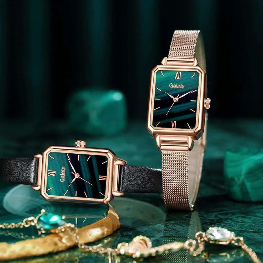 Brand Women Watches Fashion Square Dial Ladies Quartz Watches Bracelet Set Green Dial Simple Rose Gold Mesh Luxury Women Watches