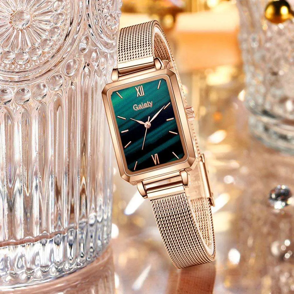 Brand Women Watches Fashion Square Dial Ladies Quartz Watches Bracelet Set Green Dial Simple Rose Gold Mesh Luxury Women Watches