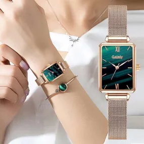 Brand Women Watches Fashion Square Dial Ladies Quartz Watches Bracelet Set Green Dial Simple Rose Gold Mesh Luxury Women Watches