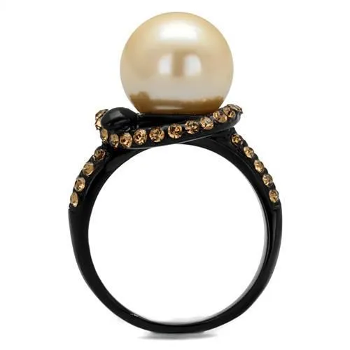 CJ2349 Wholesale Women's Stainless Steel IP Black Synthetic Pearl Topaz Ring
