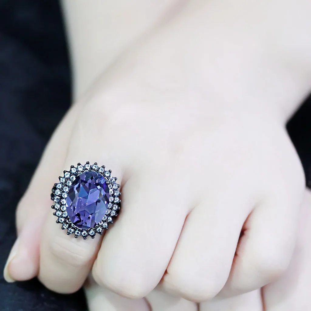 CJ3687 Wholesale Women's Stainless Steel IP Black Top Grade Crystal Tanzanite Purple Statement Ring