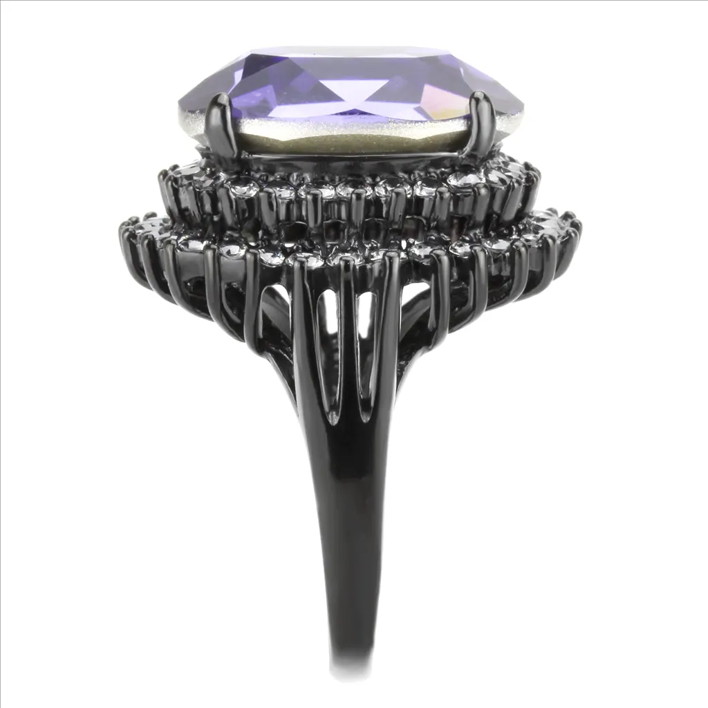 CJ3687 Wholesale Women's Stainless Steel IP Black Top Grade Crystal Tanzanite Purple Statement Ring