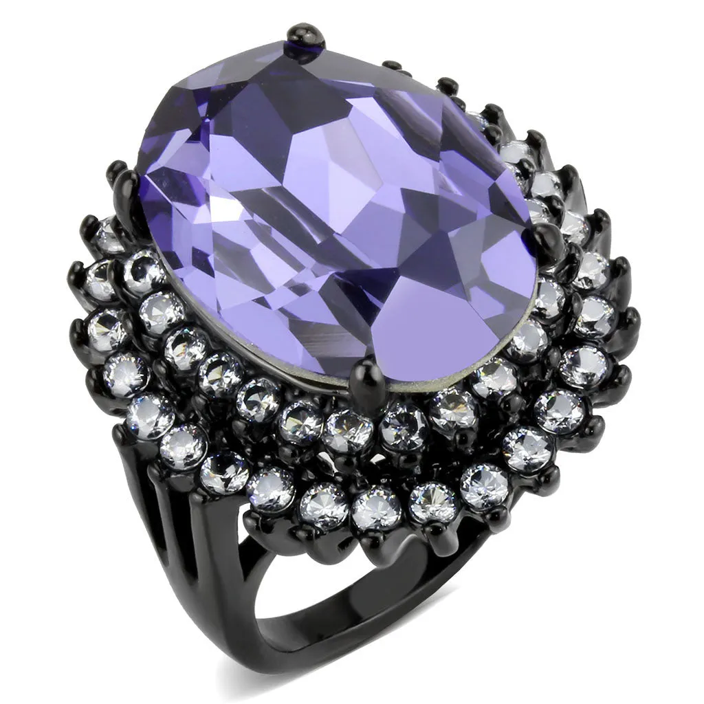 CJ3687 Wholesale Women's Stainless Steel IP Black Top Grade Crystal Tanzanite Purple Statement Ring