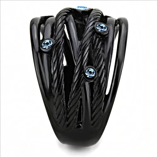 CJE3564 Wholesale Women's Stainless Steel IP Black Top Grade Crystal Sea Blue Ring