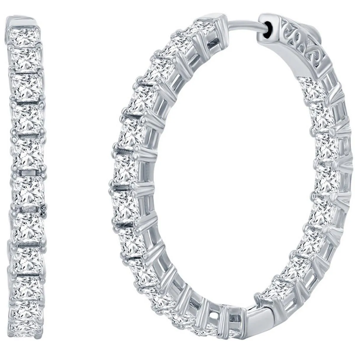 Classic Women's Earrings - Silver 3x35mm Square White CZ Inside Outside Hoop | D-7978