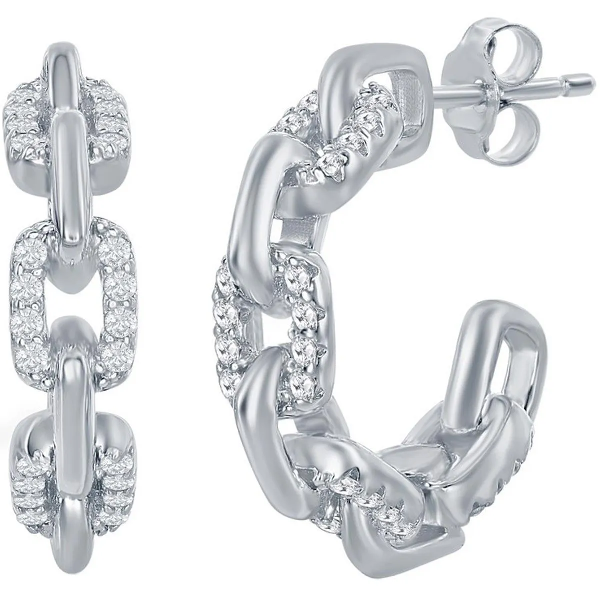 Classic Women's Earrings - Sterling Silver 18mm White CZ Paperclip Open Hoop | D-7832
