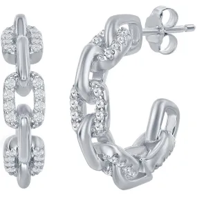 Classic Women's Earrings - Sterling Silver 18mm White CZ Paperclip Open Hoop | D-7832