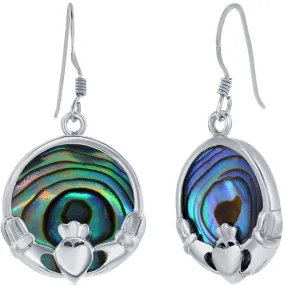 Classic Women's Earrings - Sterling Silver Abalone Round Claddagh French Wire | D-8045