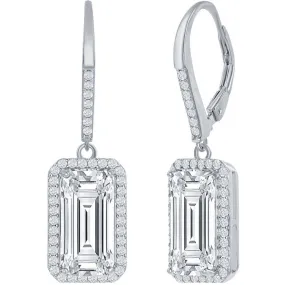 Classic Women's Earrings - Sterling Silver Emerald Cut White CZ with Halo | D-7657
