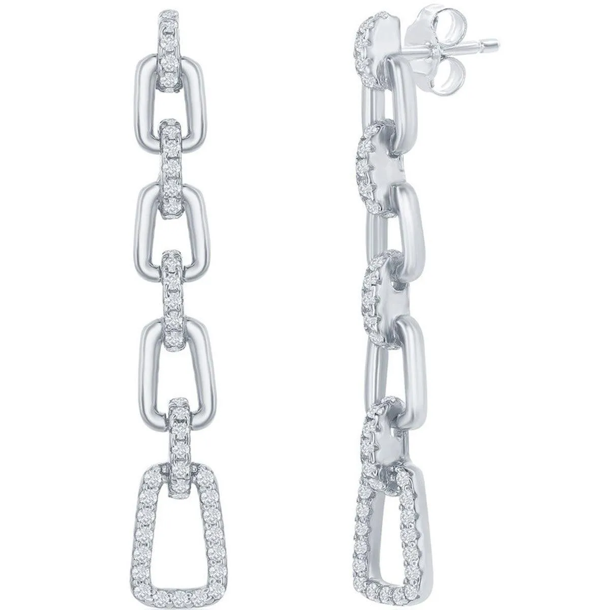 Classic Women's Earrings - Sterling Silver Paperclip Design White CZ Long | D-7910