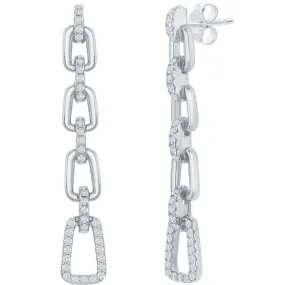 Classic Women's Earrings - Sterling Silver Paperclip Design White CZ Long | D-7910