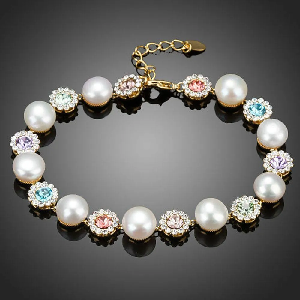 Crystal Flower Studs with Pearls Bracelet