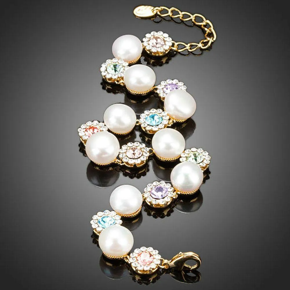 Crystal Flower Studs with Pearls Bracelet