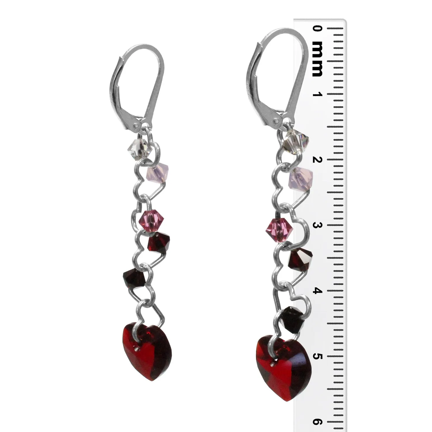 Crystal Passion Earrings / 57mm Length / sterling silver leverbacks / choose a heart crystal color from red, pink or dark rainbow