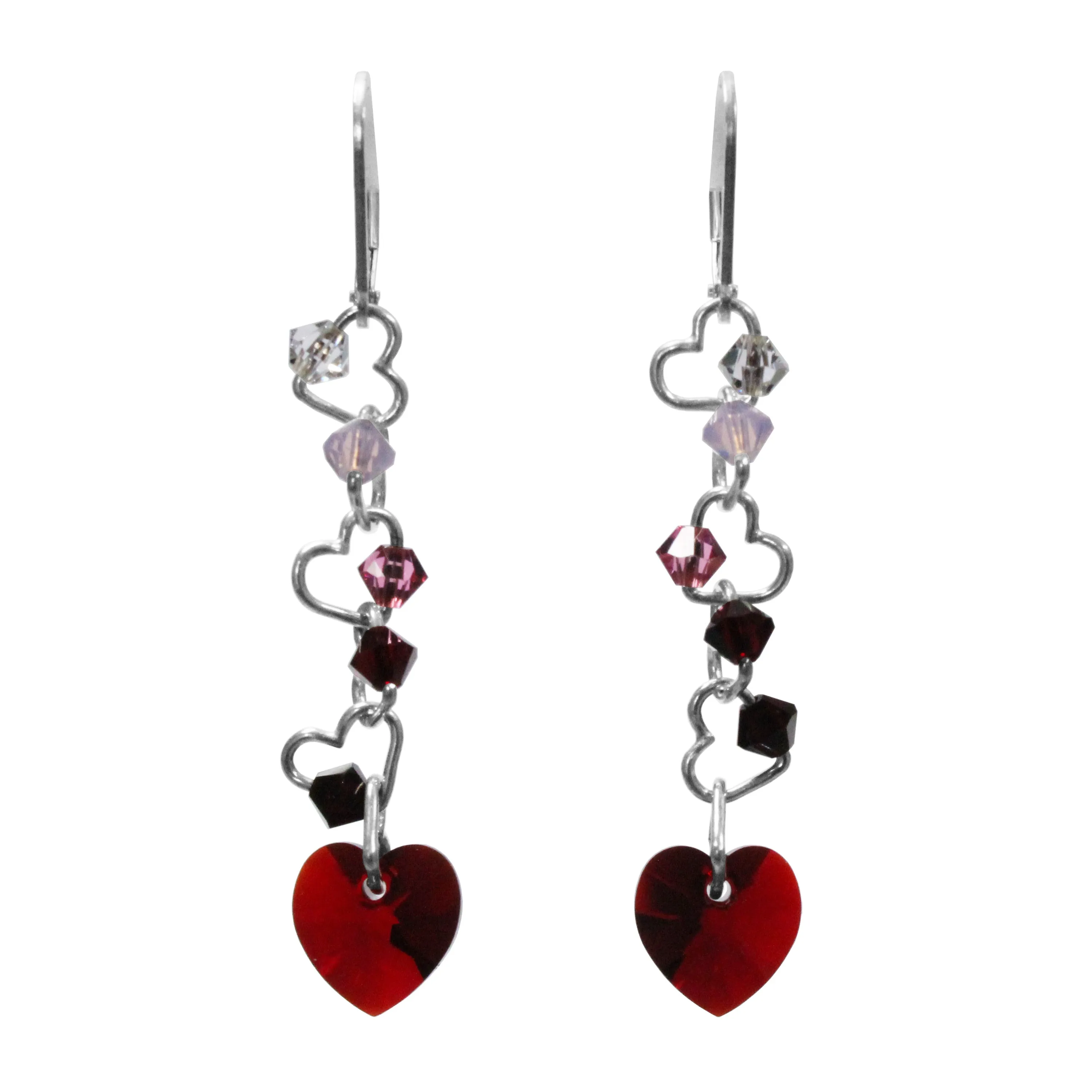 Crystal Passion Earrings / 57mm Length / sterling silver leverbacks / choose a heart crystal color from red, pink or dark rainbow