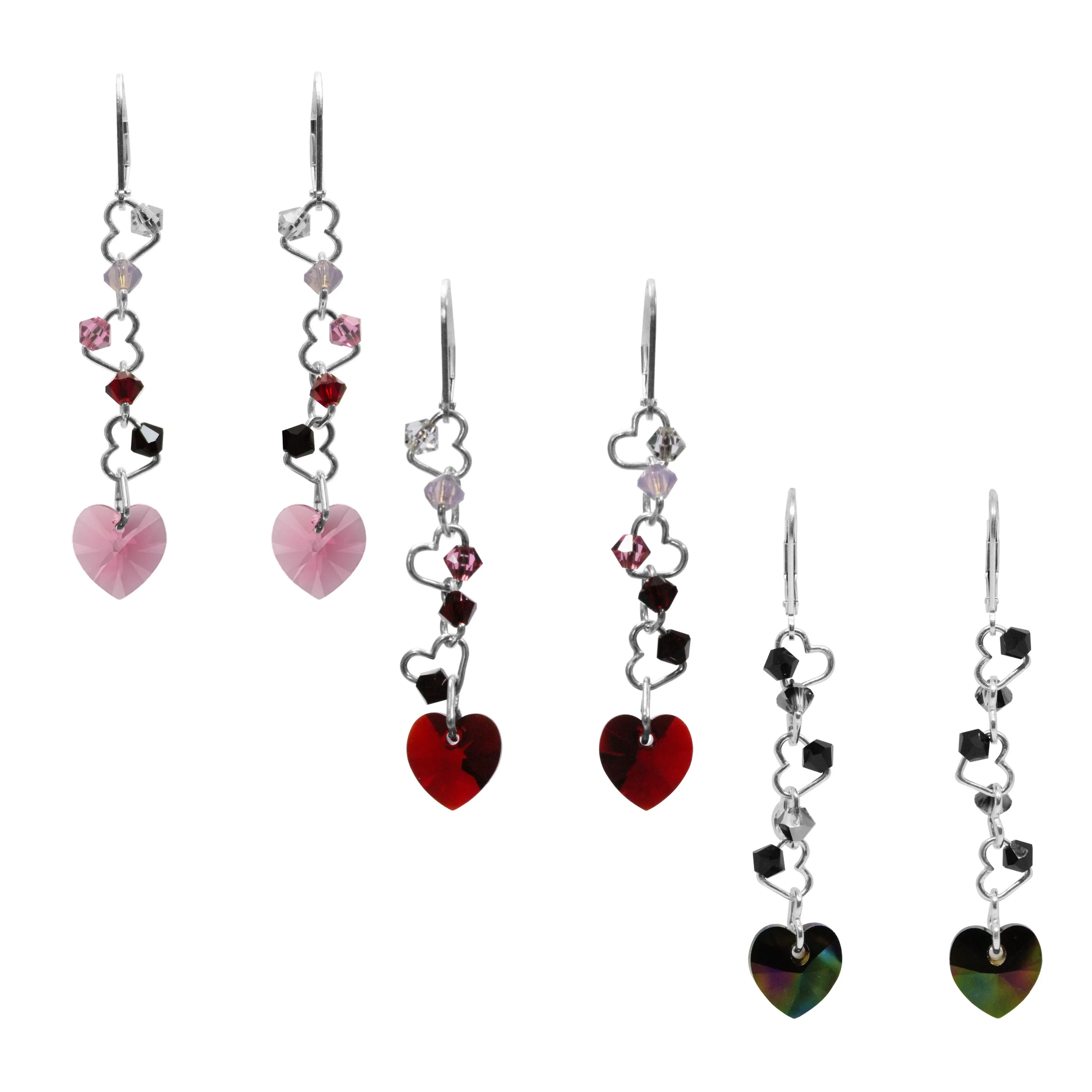 Crystal Passion Earrings / 57mm Length / sterling silver leverbacks / choose a heart crystal color from red, pink or dark rainbow