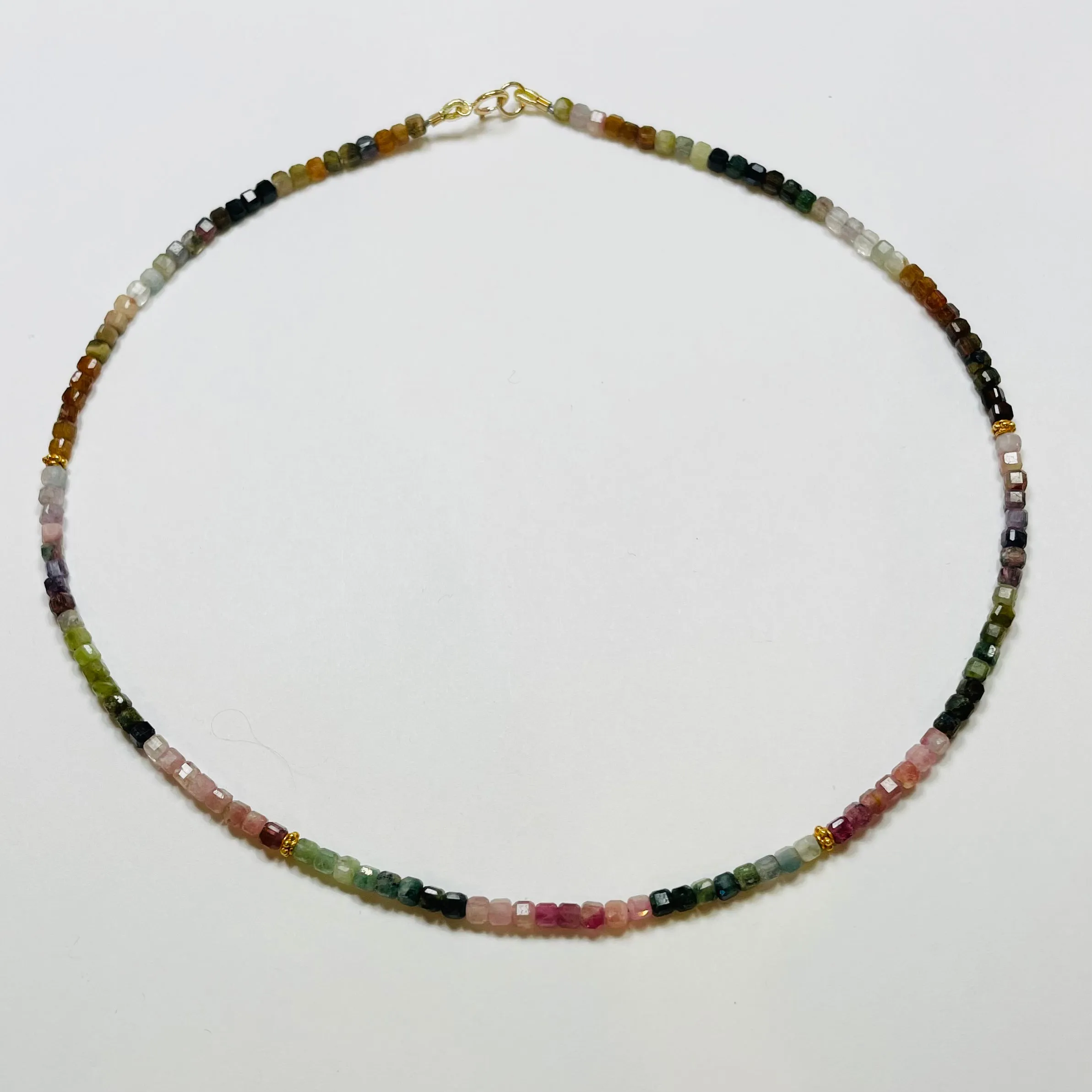 delicate watermelon tourmaline blocks with 14 k gold beads