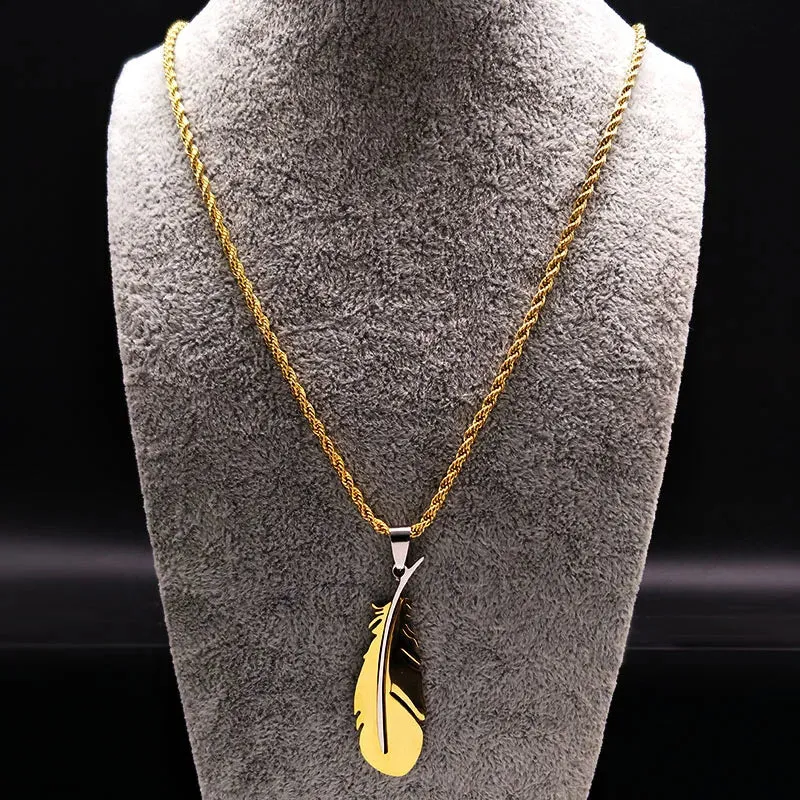 Elegant Feather Stainless Steel Long Necklace for Men Gold Color Necklace Jewelry Gift