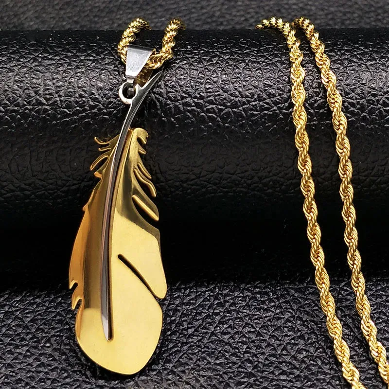 Elegant Feather Stainless Steel Long Necklace for Men Gold Color Necklace Jewelry Gift