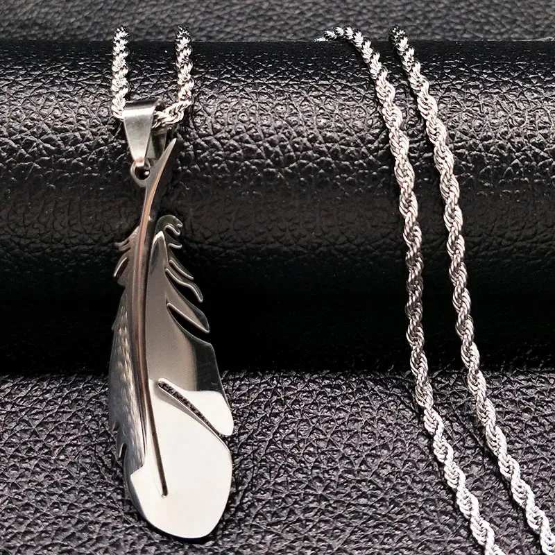 Elegant Feather Stainless Steel Long Necklace for Men Gold Color Necklace Jewelry Gift