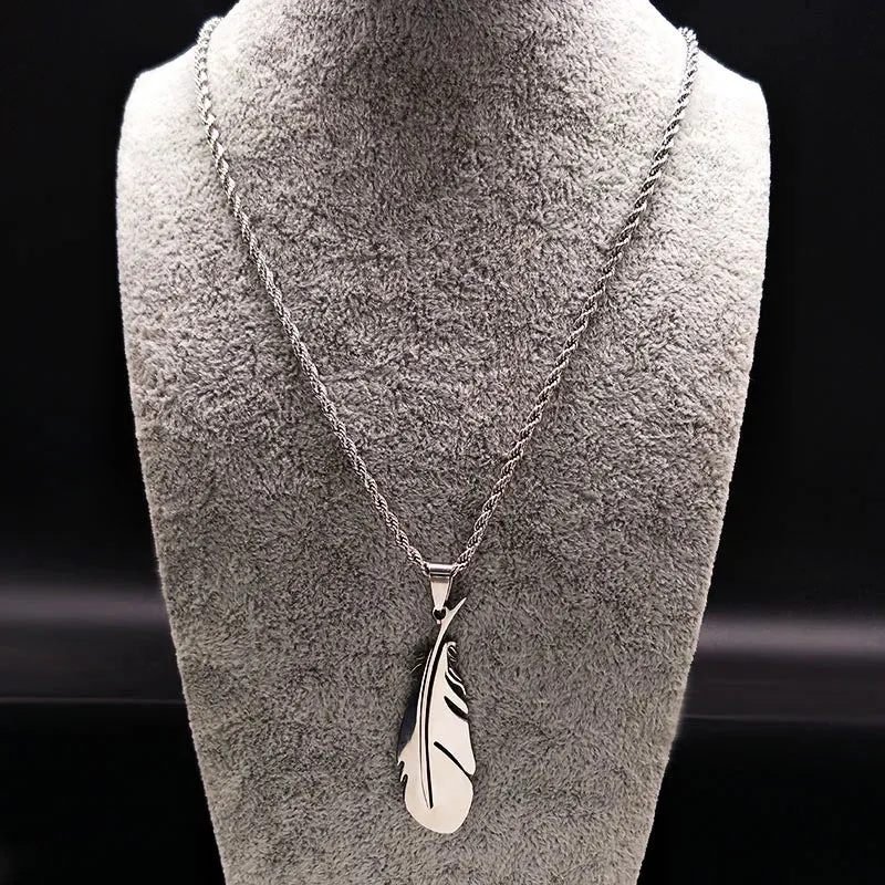 Elegant Feather Stainless Steel Long Necklace for Men Gold Color Necklace Jewelry Gift
